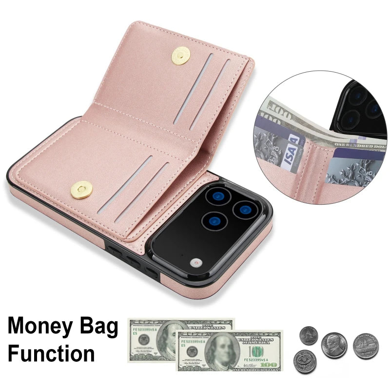 iPhone 17 Series Leather Case with Card Holder and Kickstand