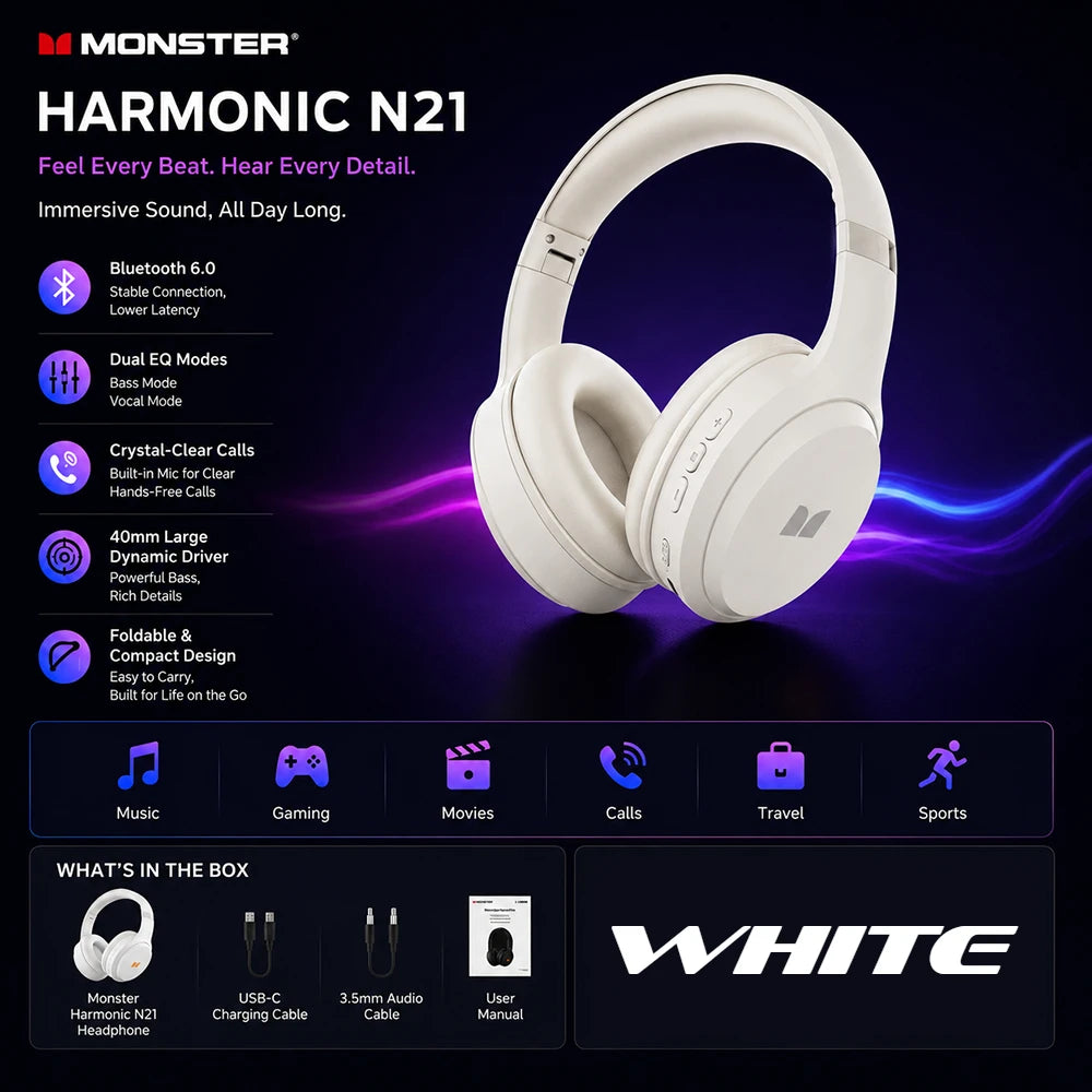 Monster N21 Bluetooth 6.0 Over-Ear Headphones