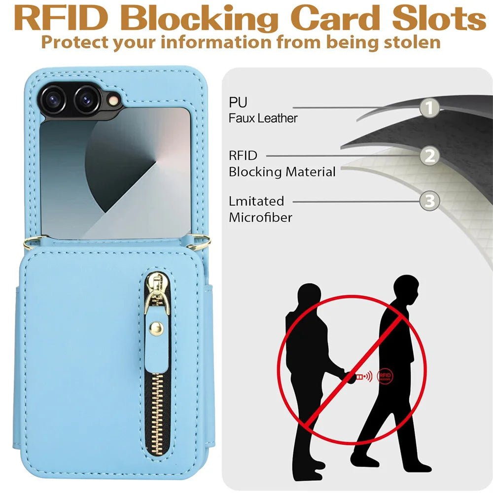 Premium Leather Crossbody Phone Case with Zipper Wallet & Card Holder for Samsung Galaxy Z Flip 6