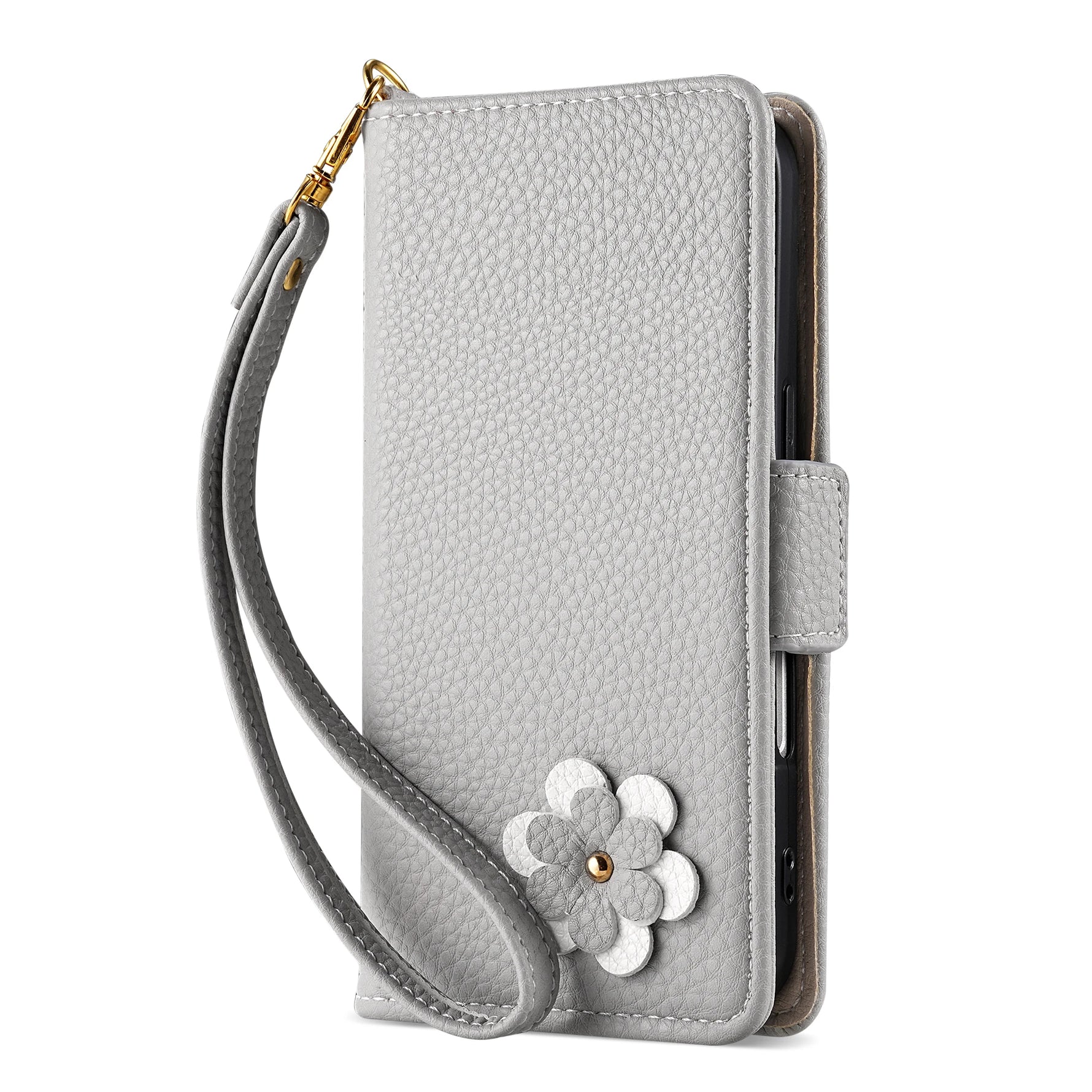 Flower Leather Wallet Case with Card Holder & Strap for iPhone 15 Series