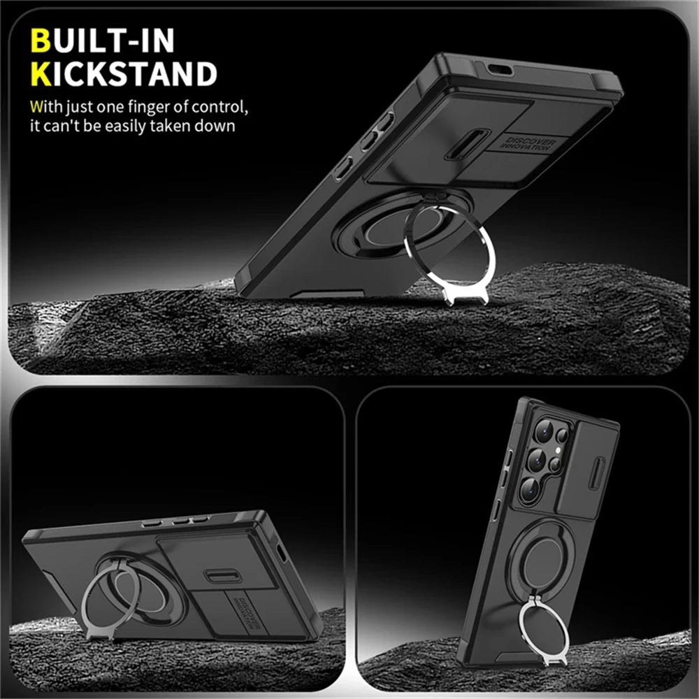 Slide Camera Cover Armor Magnetic Case with Kickstand for Samsung Galaxy S25 Series
