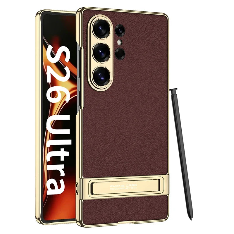Luxury Matte Leather Case with Hidden Kickstand for Samsung Galaxy S26 Ultra