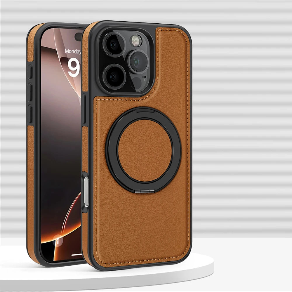 iPhone 16 Series PU Leather MagSafe Case with 360° Rotating Ring Holder
