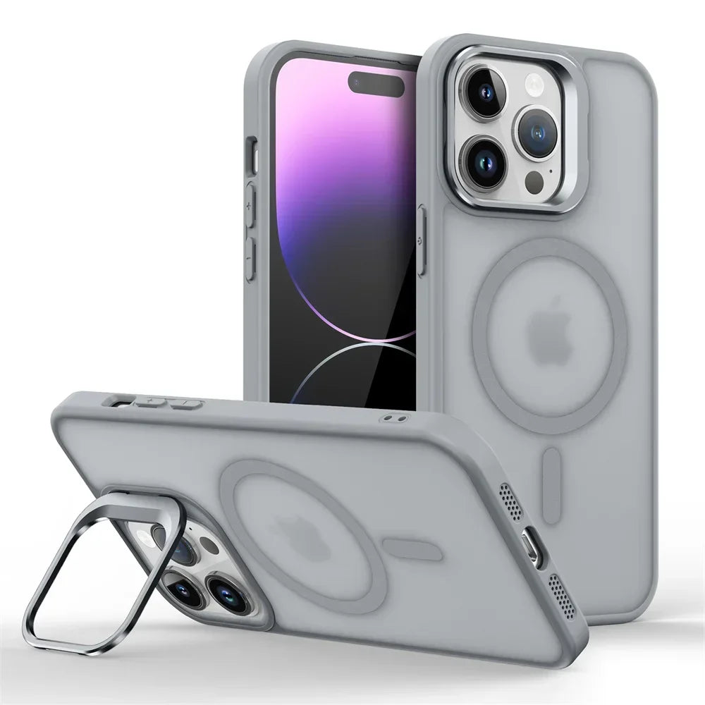 Shockproof Matte MagSafe Case with Metal Lens Stand for iPhone 15 Series