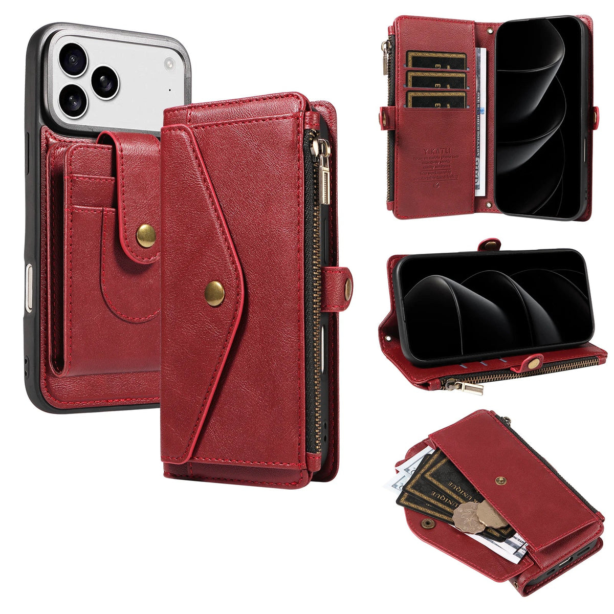 Textured Leather Detachable Wallet Case with Crossbody Strap for iPhone 18 Series