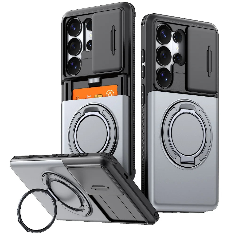 Shockproof Case with Sliding Camera Cover and Folding Ring for Samsung Galaxy S26 Series