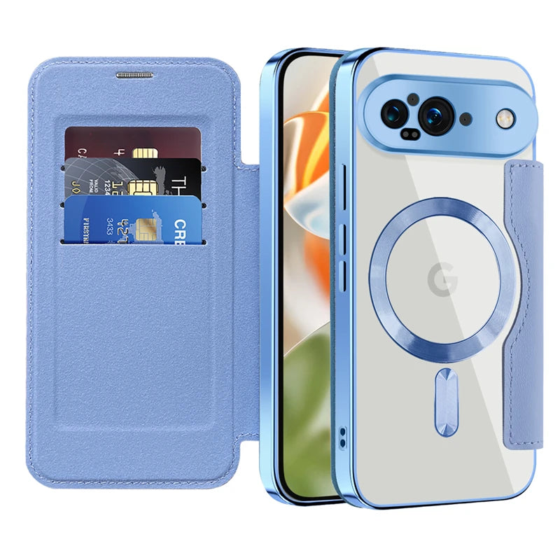 Google Pixel 9 Transparent Magnetic Flip Case with Leather Card Packet