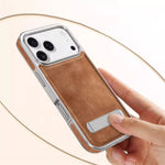 Luxury Electroplated PU Leather Case with Foldable Alloy Stand for iPhone 17 Series