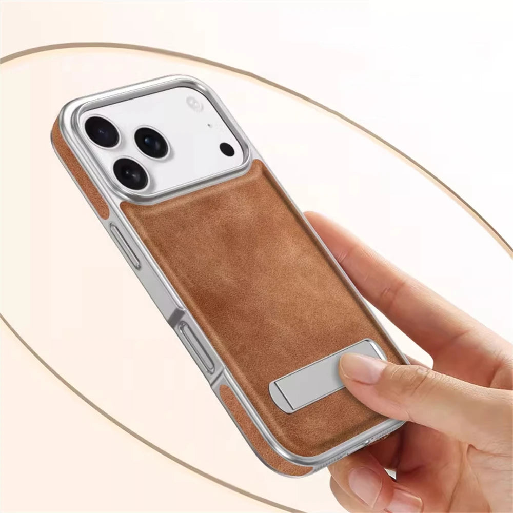 Luxury Electroplated PU Leather Case with Foldable Alloy Stand for iPhone 17 Series