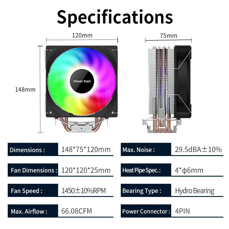 Power Train DL400T PRO V2 4 Heat Pipe CPU Cooler