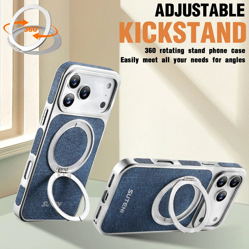 Denim Pattern PU Leather MagSafe Case with 360° Rotating Ring Stand for iPhone 17 Series