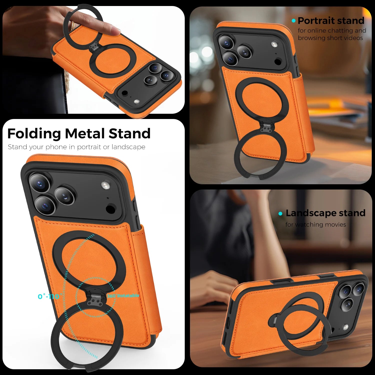 Stylish Leather Flip MagSafe Case with 360° Rotating Kickstand for iPhone 17 Series