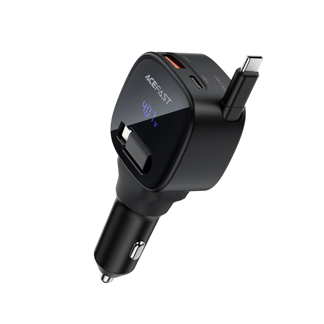 ACEFAST B17 95W Car Charger with Retractable USB-C Cable and LED Digital Display