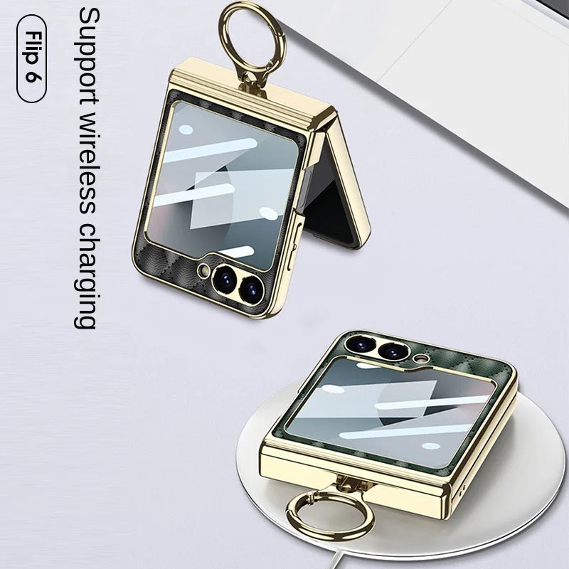 Electroplated PU Leather Case with Ring Holder for Samsung Galaxy Z Flip 6