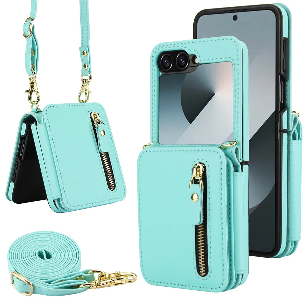 Premium Leather Crossbody Phone Case with Zipper Wallet & Card Holder for Samsung Galaxy Z Flip 6