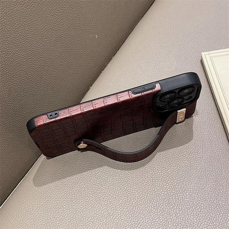 Crocodile Skin Leather Hand Strap Case for iPhone 16 Series