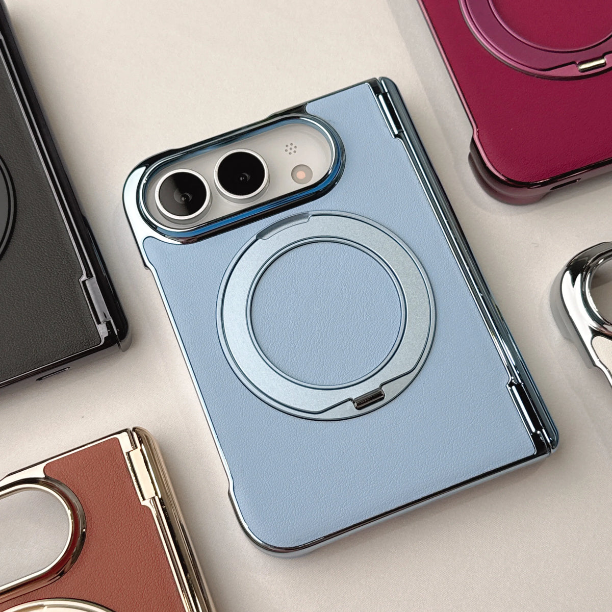 Leather Shockproof MagSafe Case with 360° Rotating Ring Stand for iPhone Duo