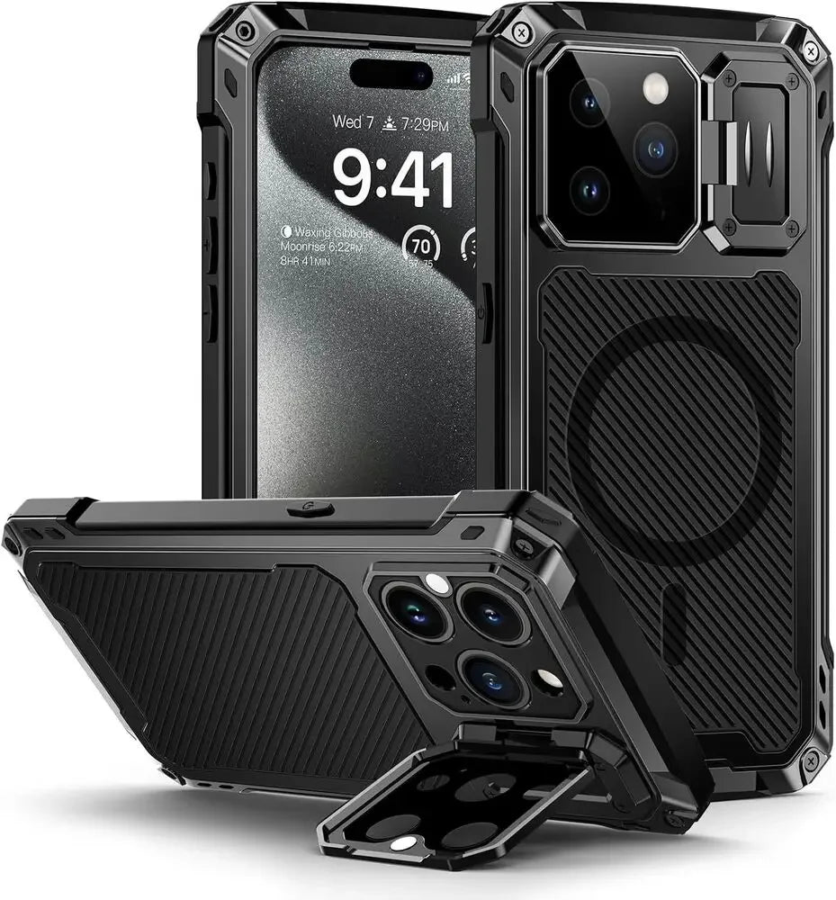 Heavy-Duty Metal Case and Camera Lens Cover for iPhone 15 Series