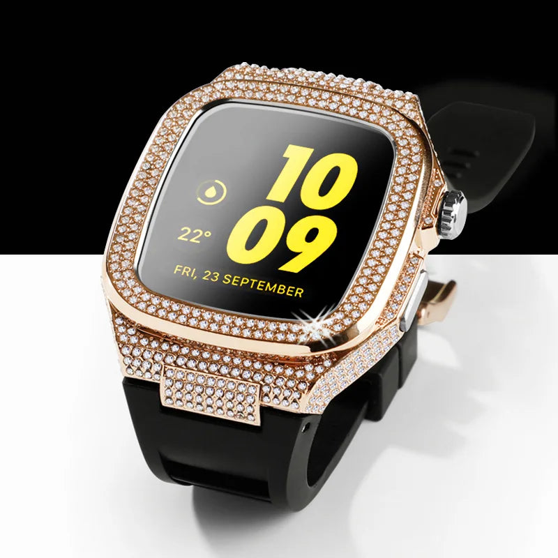 Diamond-Encrusted Stainless Steel Case with Rubber Strap for Apple Watch