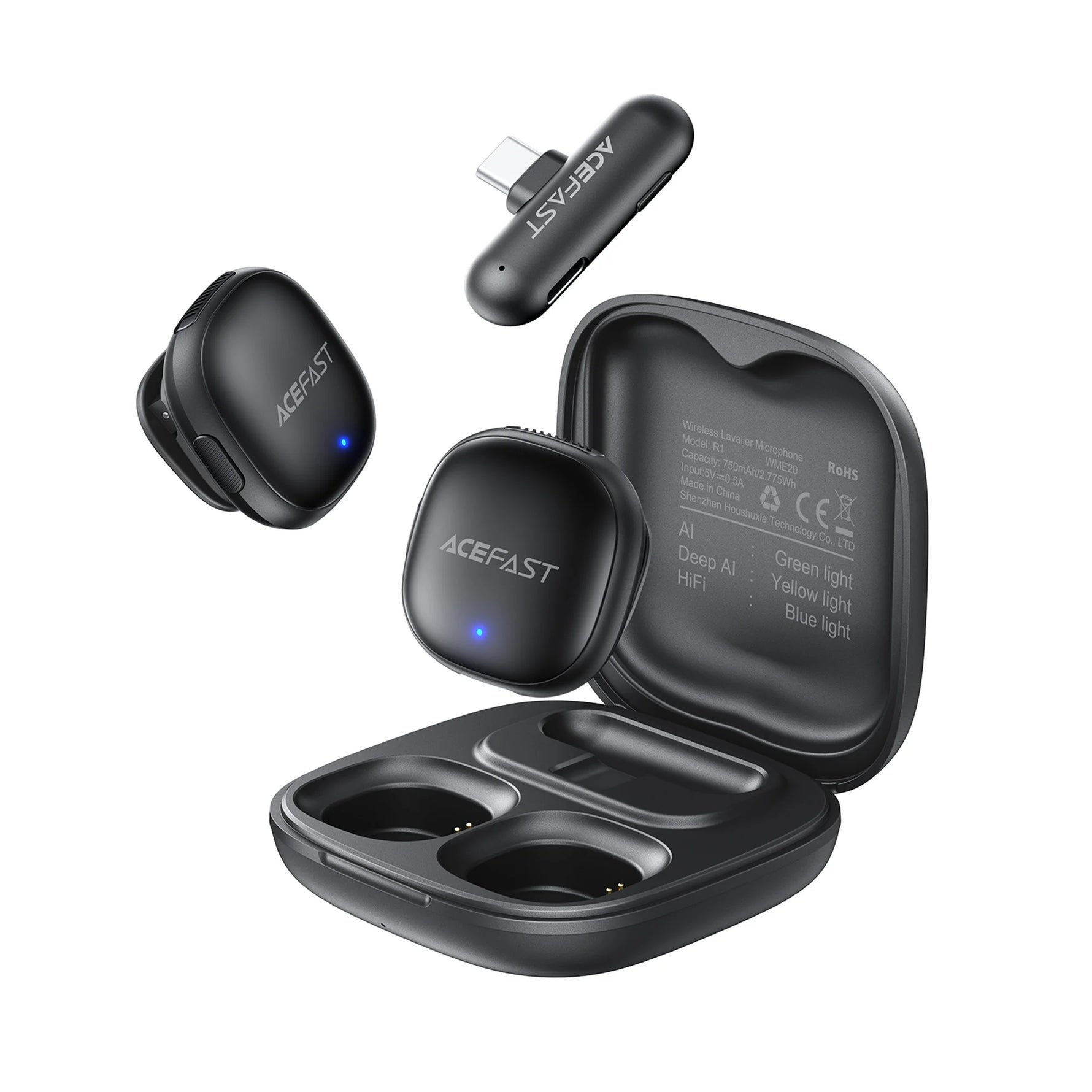 Black wireless mic with charging case on a white background, featuring the brand 'ACEFAST'.