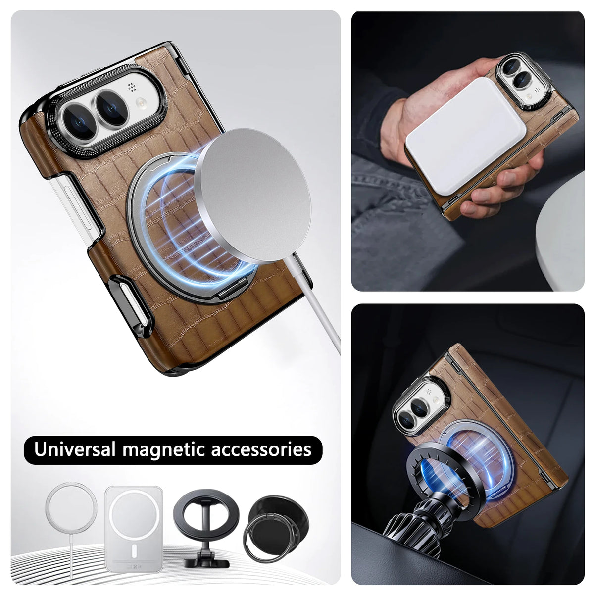 Crocodile-Pattern Leather MagSafe Case with 360° Rotating Ring Stand for iPhone Duo