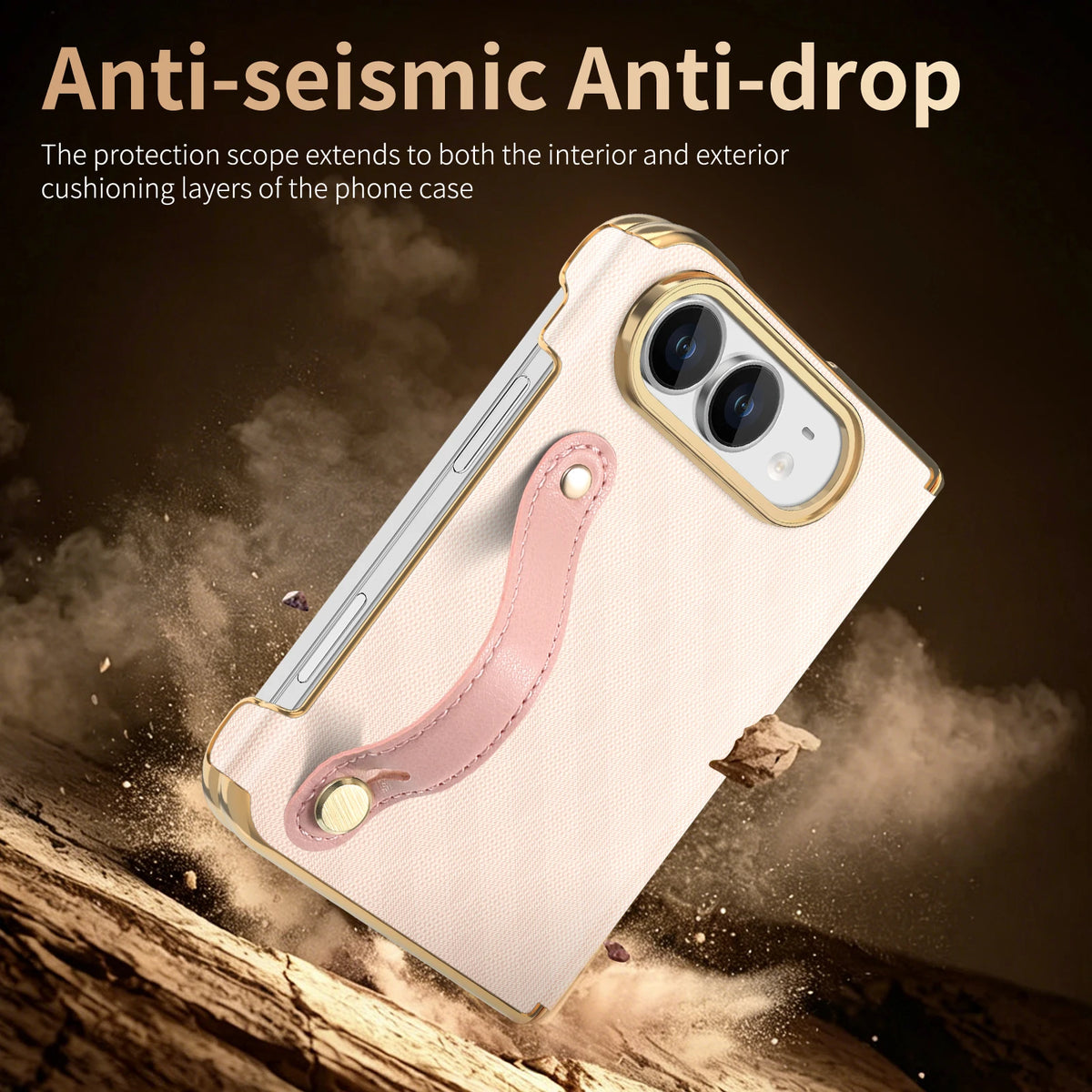 Textured Leather Case with Wrist Strap and Hinge Protection for iPhone Duo