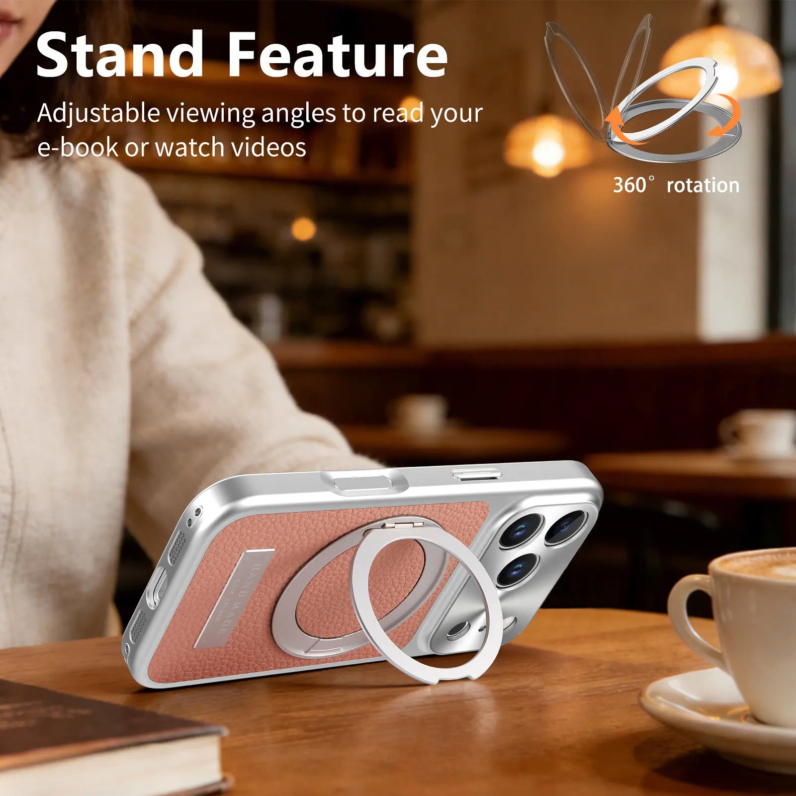 MagSafe Compatible Lychee Leather Case with 360° Kickstand for iPhone 17 Series