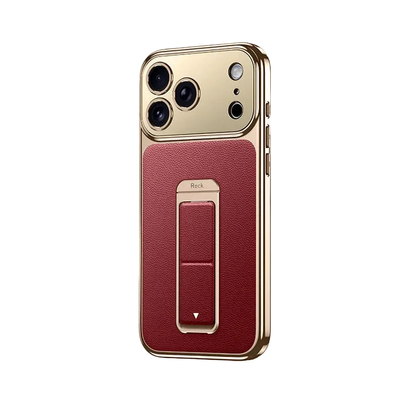 Luxury Business Leather Case with Alloy Kickstand and Wrist Strap for iPhone 17 Series
