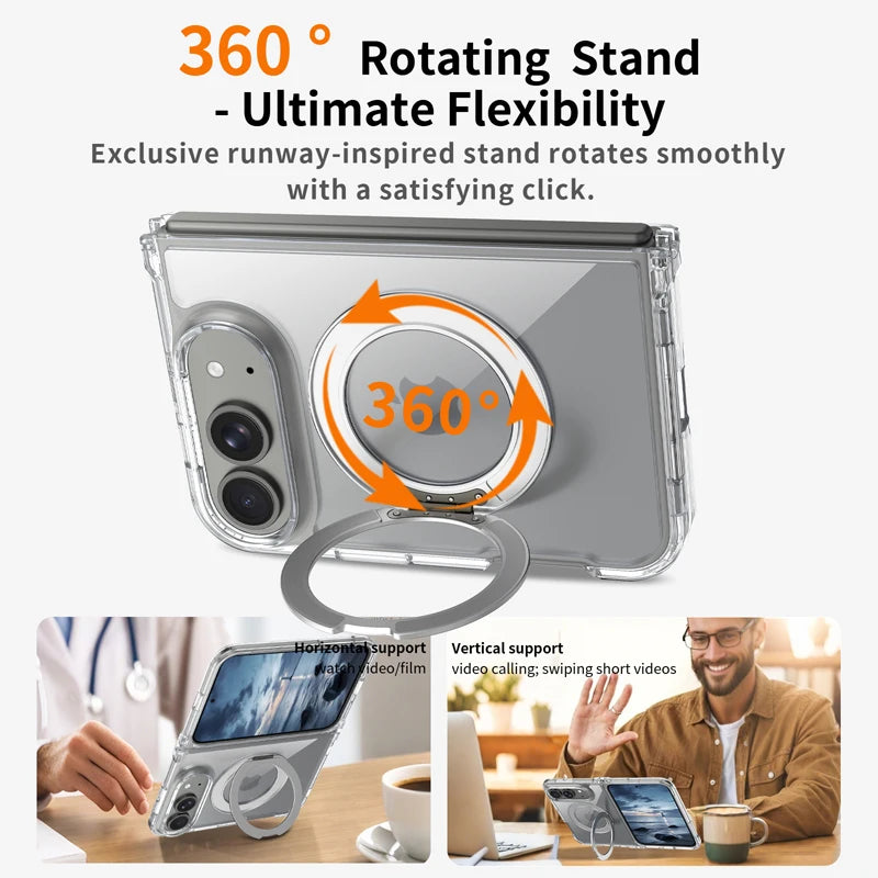 Shockproof Transparent MagSafe Case with 360° Rotating Ring Stand for iPhone Duo
