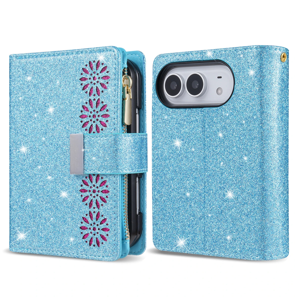 Glitter Floral PU Leather Wallet Case with Kickstand for iPhone Duo