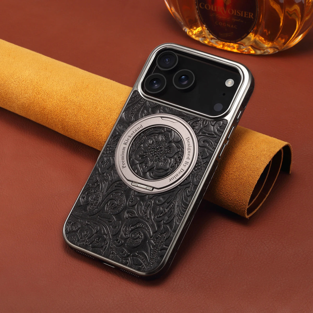 Retro Floral Cowhide Leather MagSafe Case with Rotating Stand for iPhone 17 Series