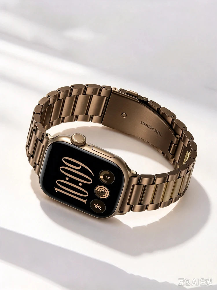 Polished Stainless Steel Band with Double-Button Folding Clasp for Apple Watch