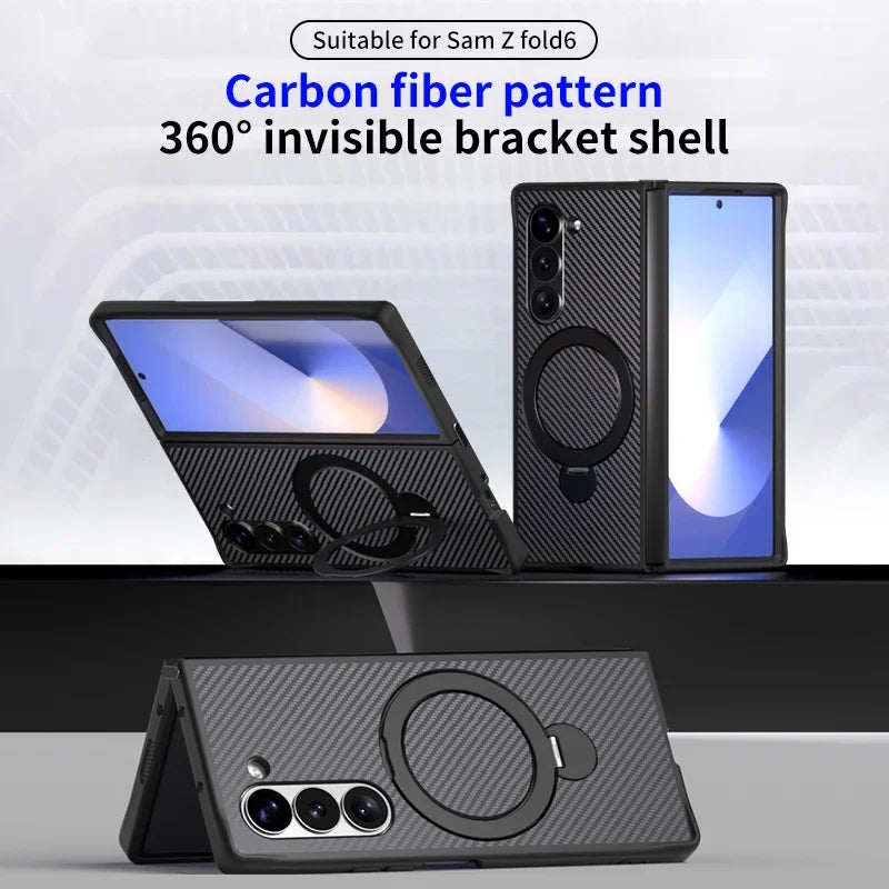 Carbon Fiber Leather Case with Rotating Ring Bracket for Samsung Galaxy Z Fold 6
