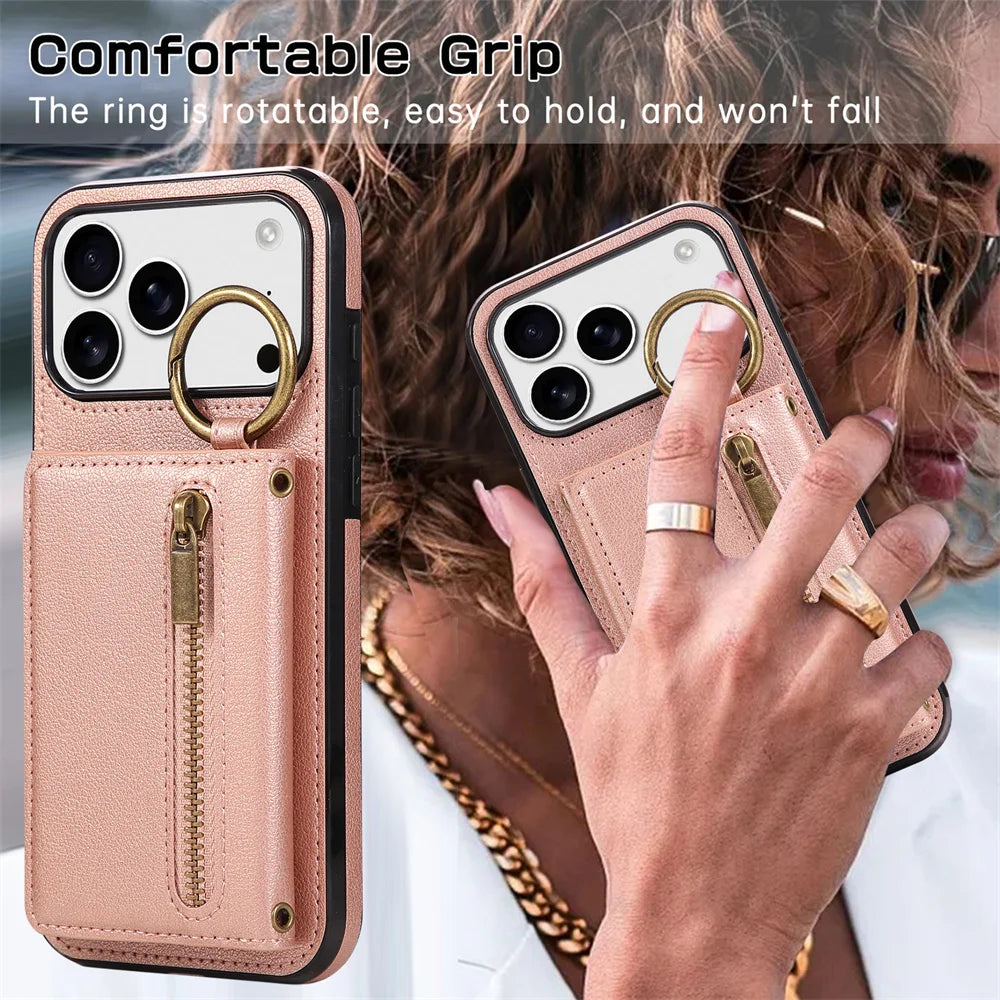Multi-Functional Crossbody Leather Wallet Case with Ring Holder & Zipper for iPhone 17 Series