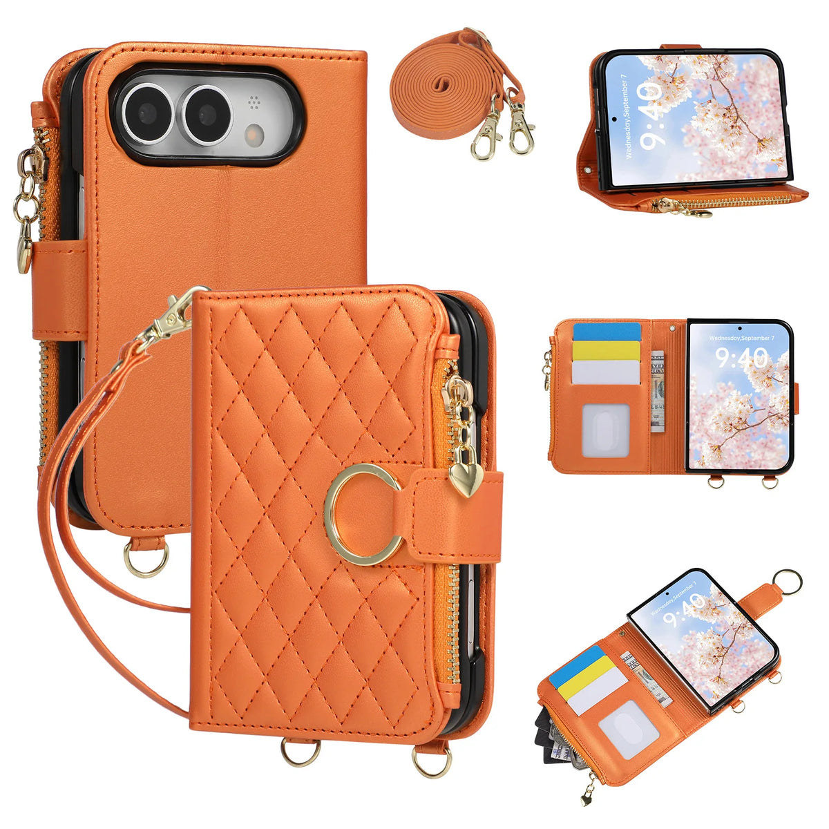 Leather Diamond-Quilted Crossbody Wallet Case with Detachable Long Lanyard Strap for iPhone Duo