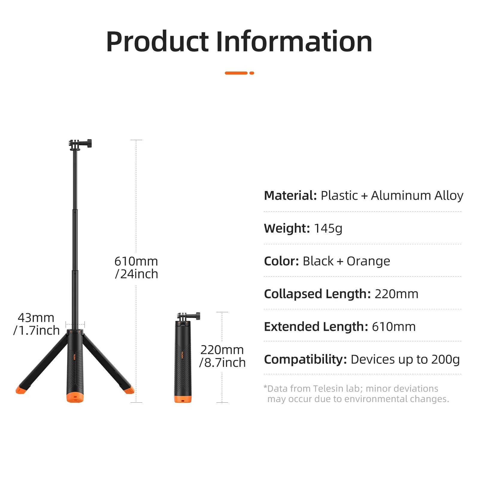 TELESIN Underwater Buoyancy Selfie Stick & Extendable Tripod for Action Cameras
