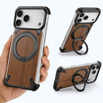 Shockproof Wooden MagSafe Case with 360° Kickstand Ring for iPhone 17 Pro & Pro Max