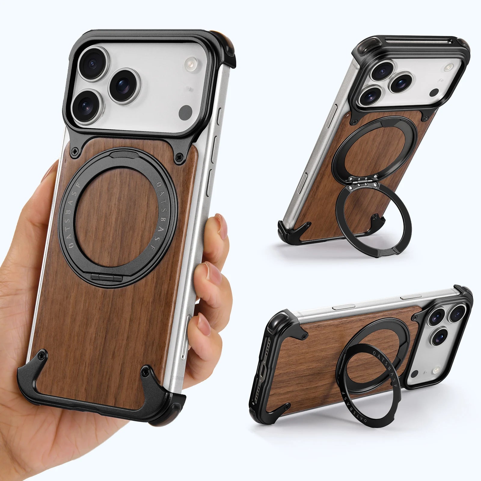 Shockproof Wooden MagSafe Case with 360° Kickstand Ring for iPhone 17 Pro & Pro Max