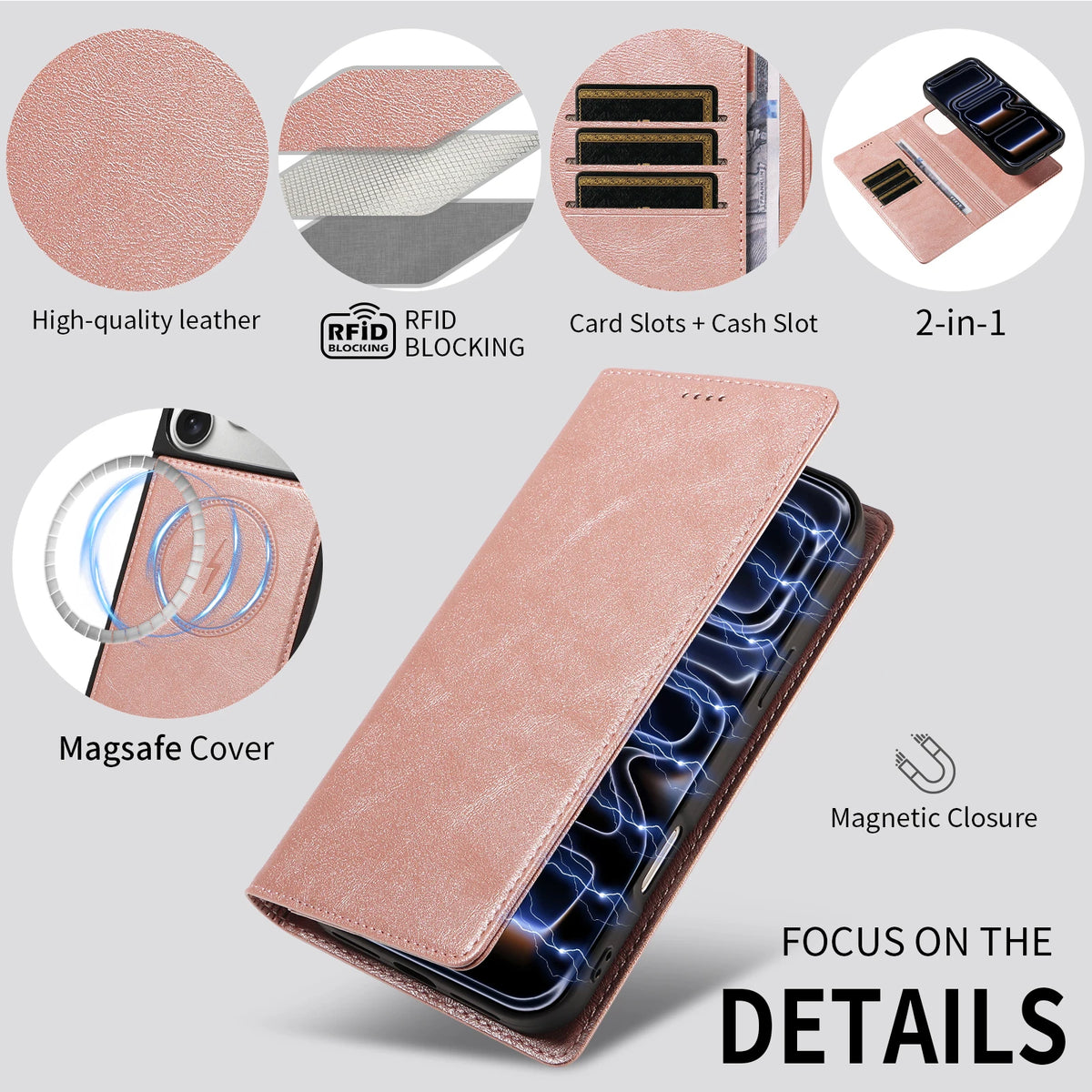 Shockproof Leather Folio Wallet Case with Detachable Magnetic Pouch for iPhone 18 Series