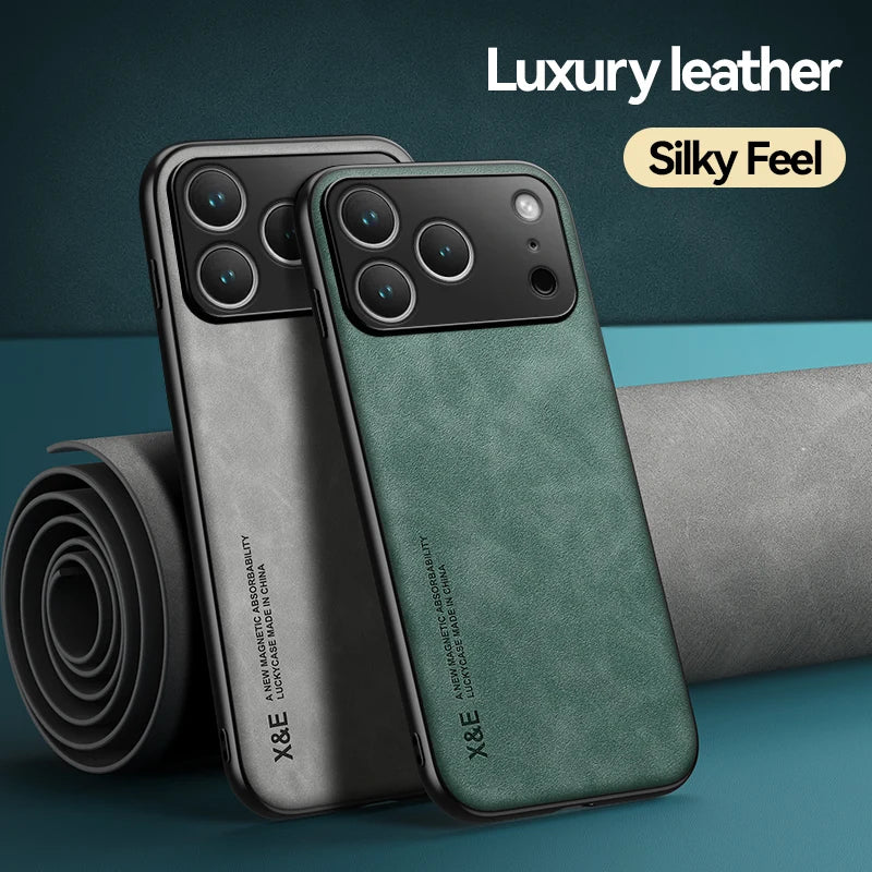 iPhone 17 Series PU Leather Magnetic Case with Built-In Metal Plate