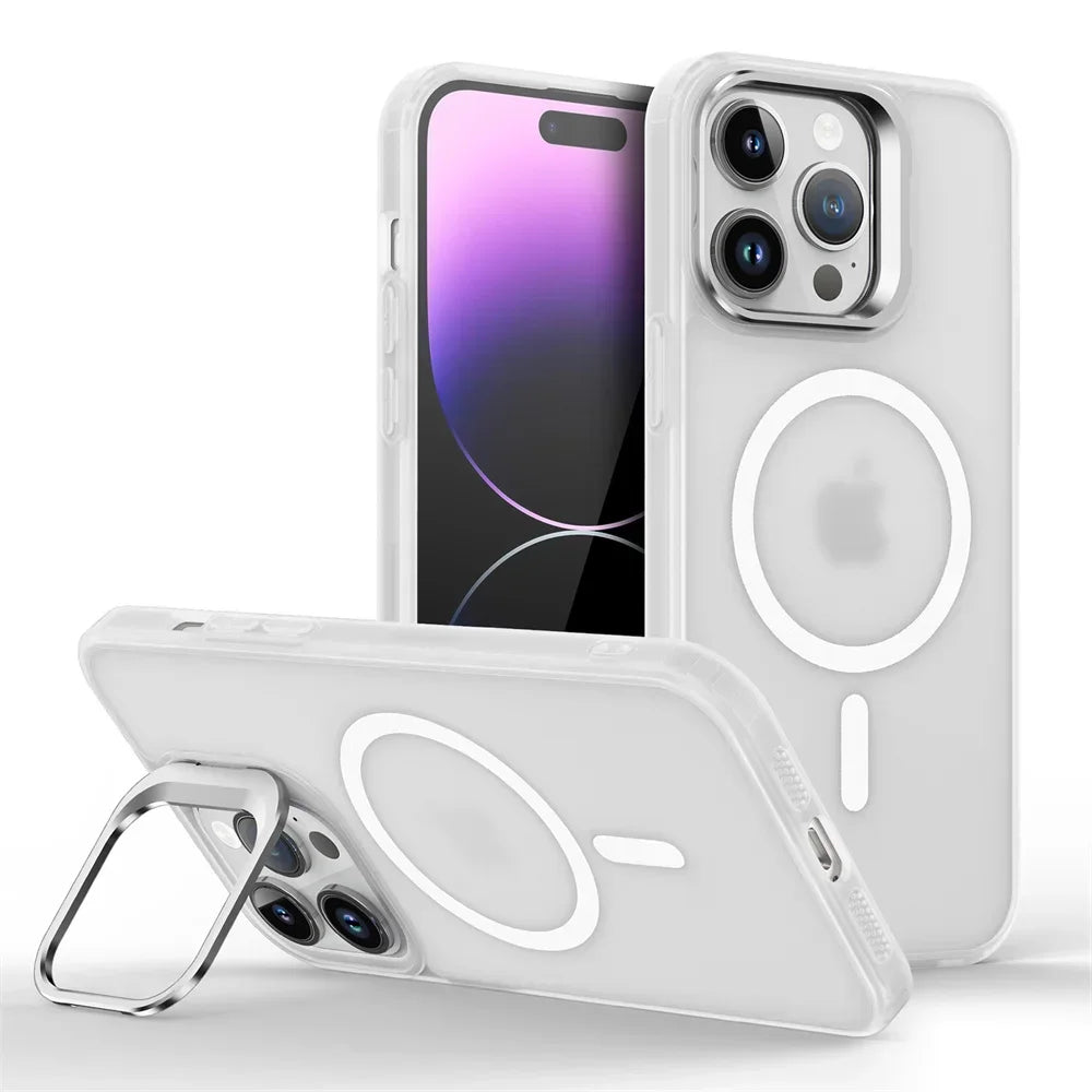 Shockproof Matte MagSafe Case with Metal Lens Stand for iPhone 15 Series