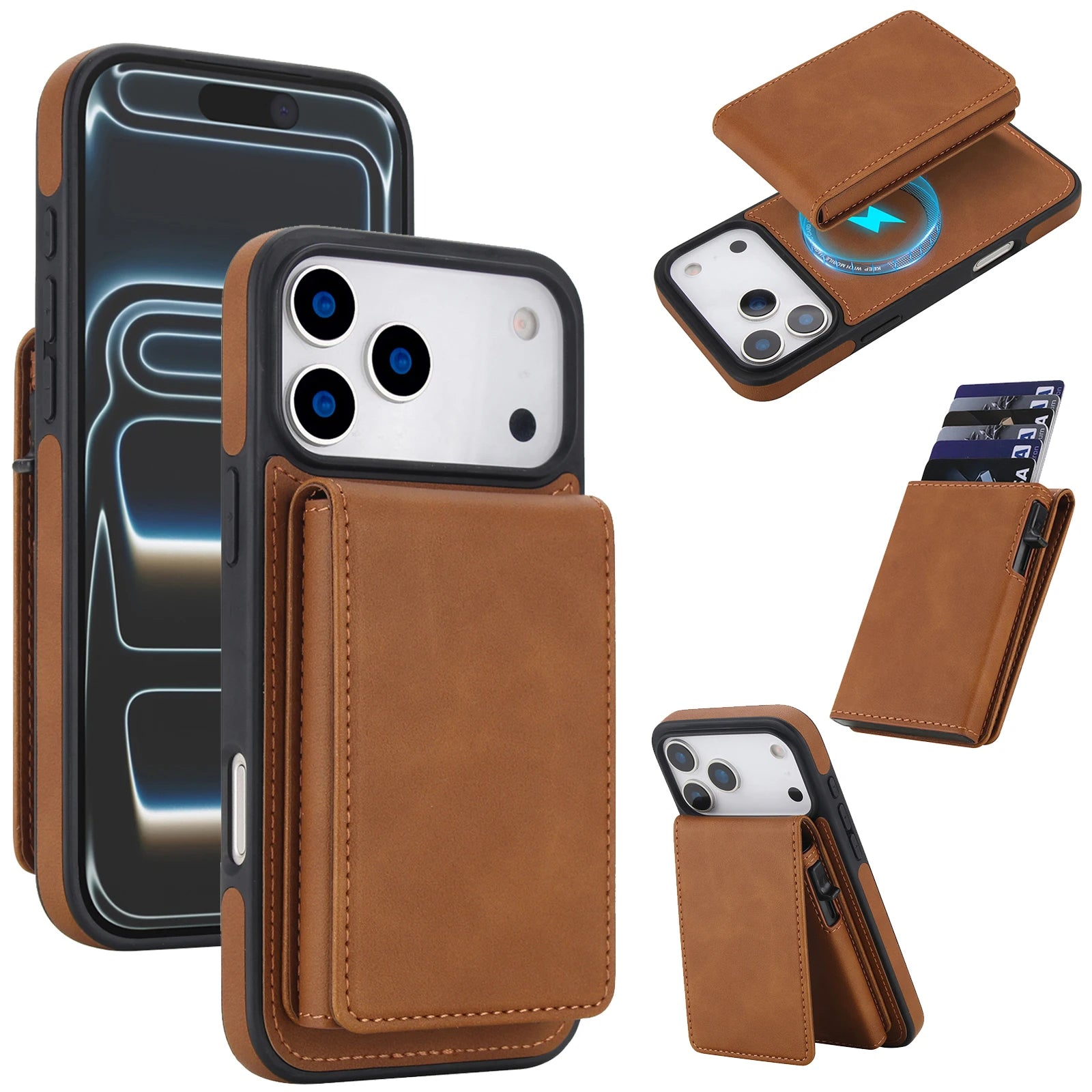 iPhone 17 Series Detachable Leather Wallet Case with Kickstand and RFID Protection