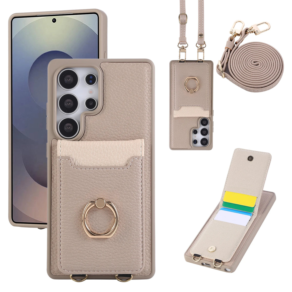 Lychee Grain Leather Crossbody Case with Adjustable D-Ring Strap and Card Wallet for Samsung Galaxy S23 Series