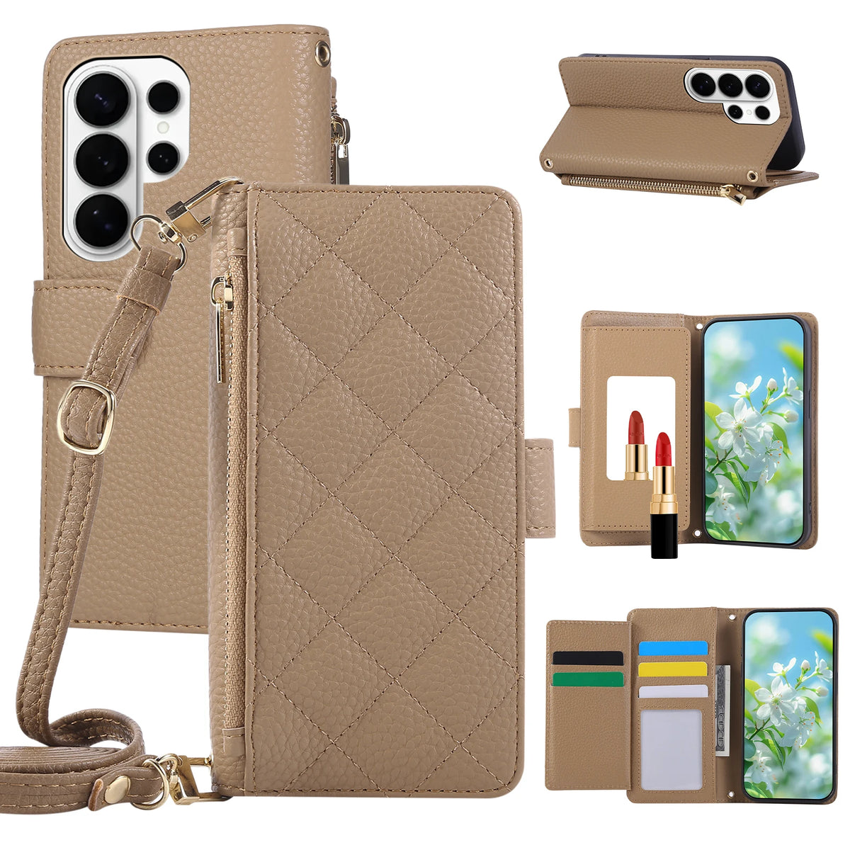 Quilted Faux Leather Crossbody Wallet Case with Detachable Adjustable Lanyard Strap for Samsung Galaxy S26 Series