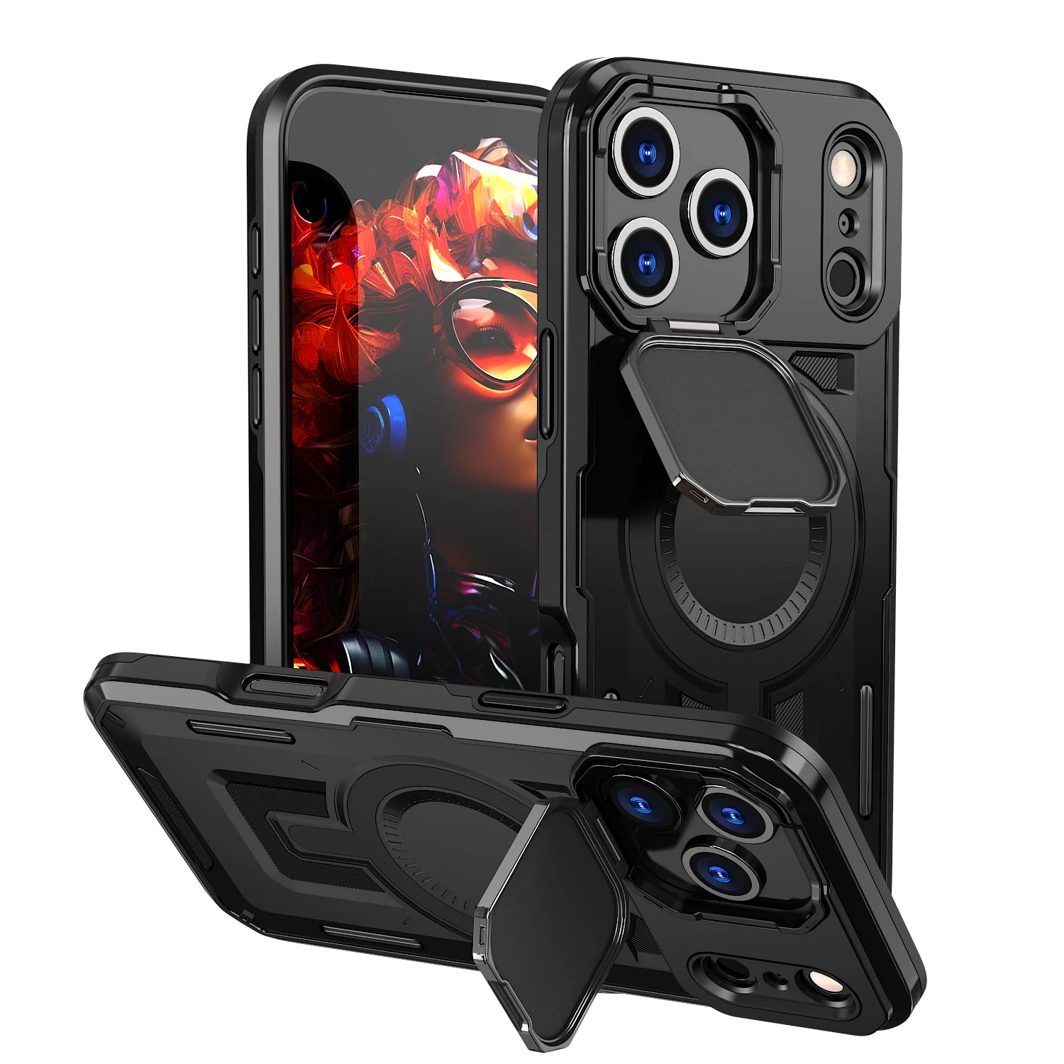 Shockproof Armor MagSafe Case with Lens Cover and Stand for iPhone 17 Series