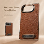 Leather-Texture Electroplated Kickstand Case with Metal Built-In Stand for iPhone Duo