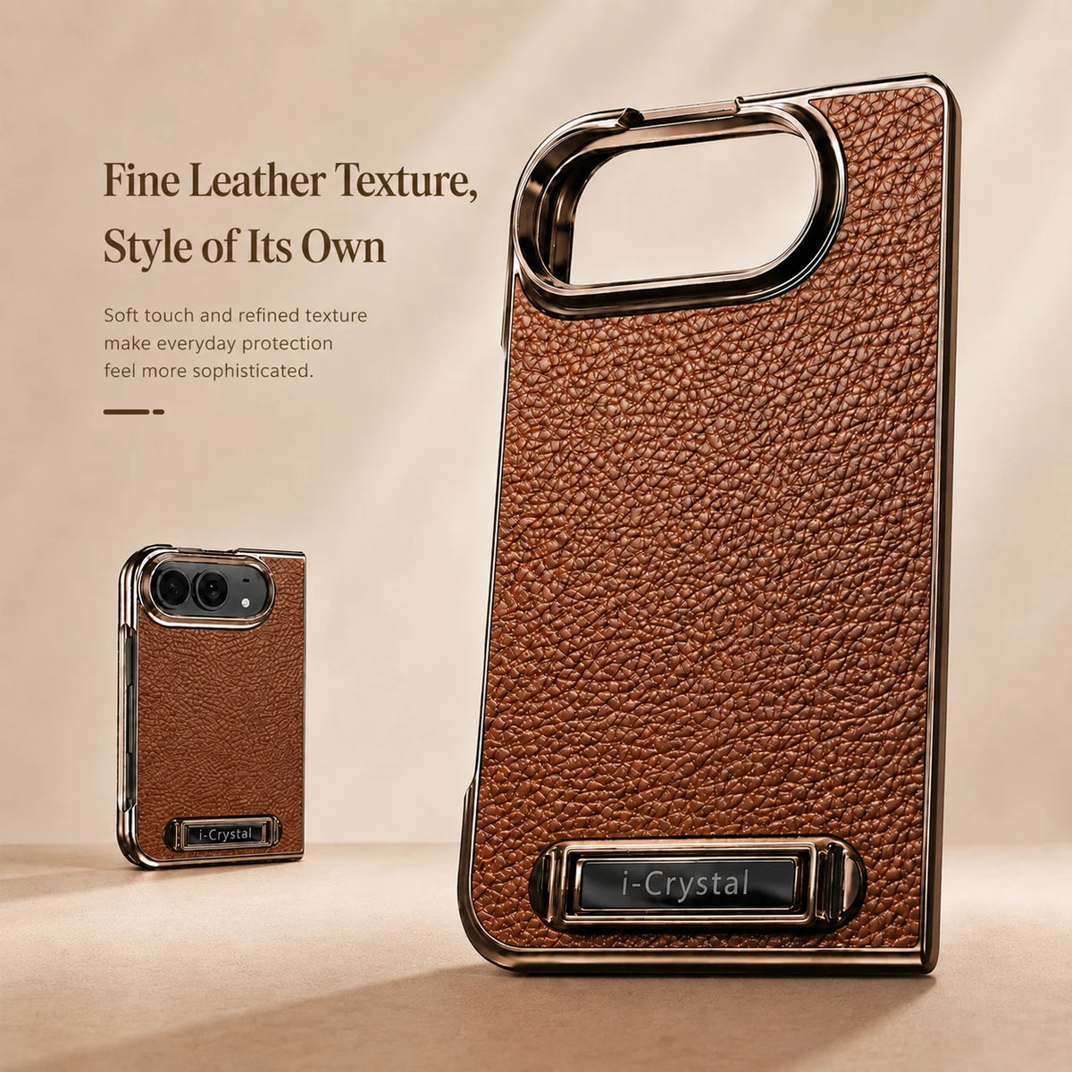 Leather-Texture Electroplated Kickstand Case with Metal Built-In Stand for iPhone Duo