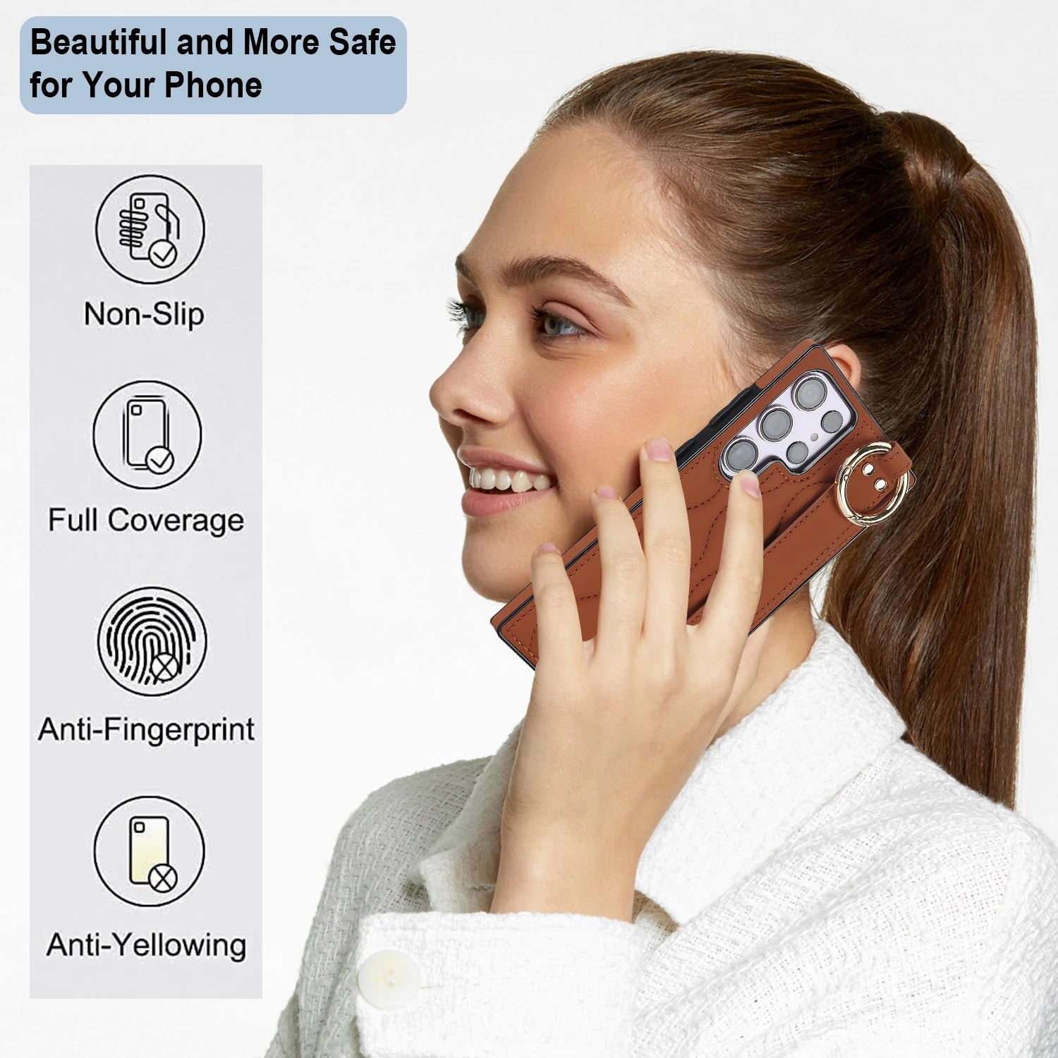 Shockproof Leather Phone Case with Wrist Strap & Ring for Samsung Galaxy S23 Series