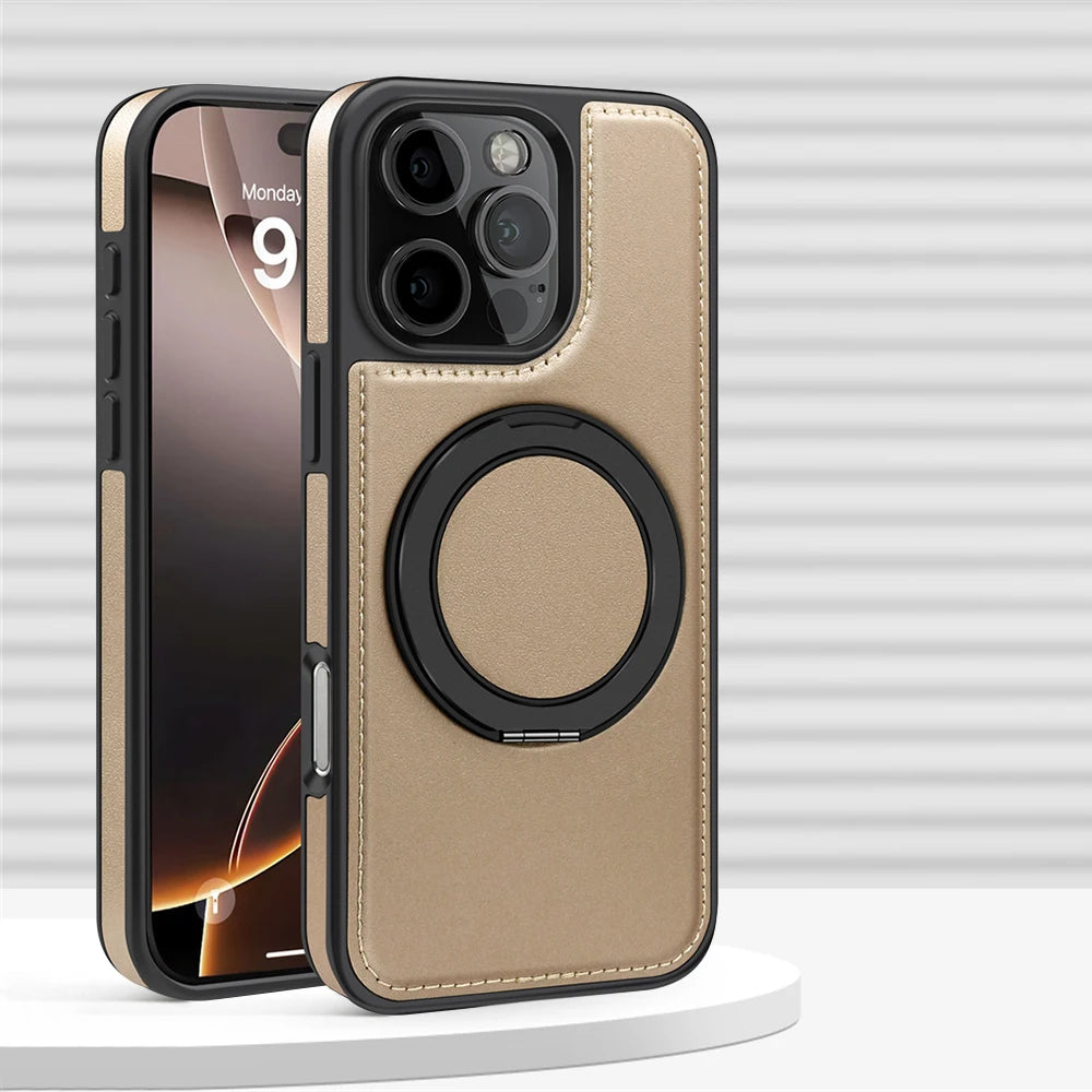 iPhone 16 Series PU Leather MagSafe Case with 360° Rotating Ring Holder