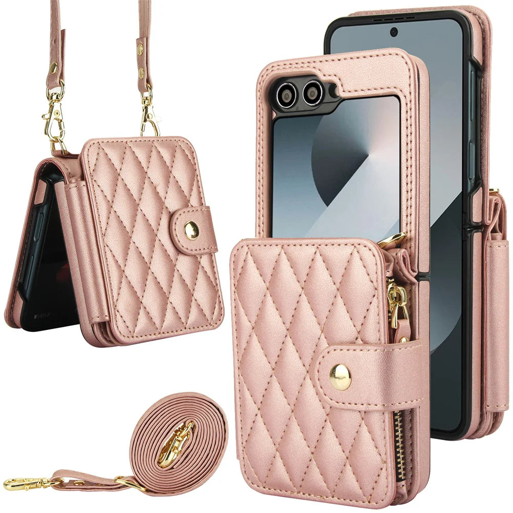 Premium Leather Crossbody Case with Card Holder & Wrist Strap for Samsung Galaxy Z Flip 6